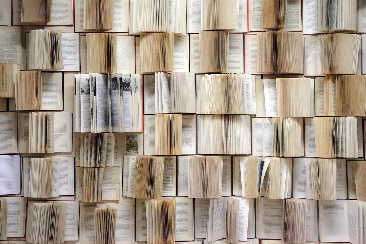 A collection of books arranged as a reference library