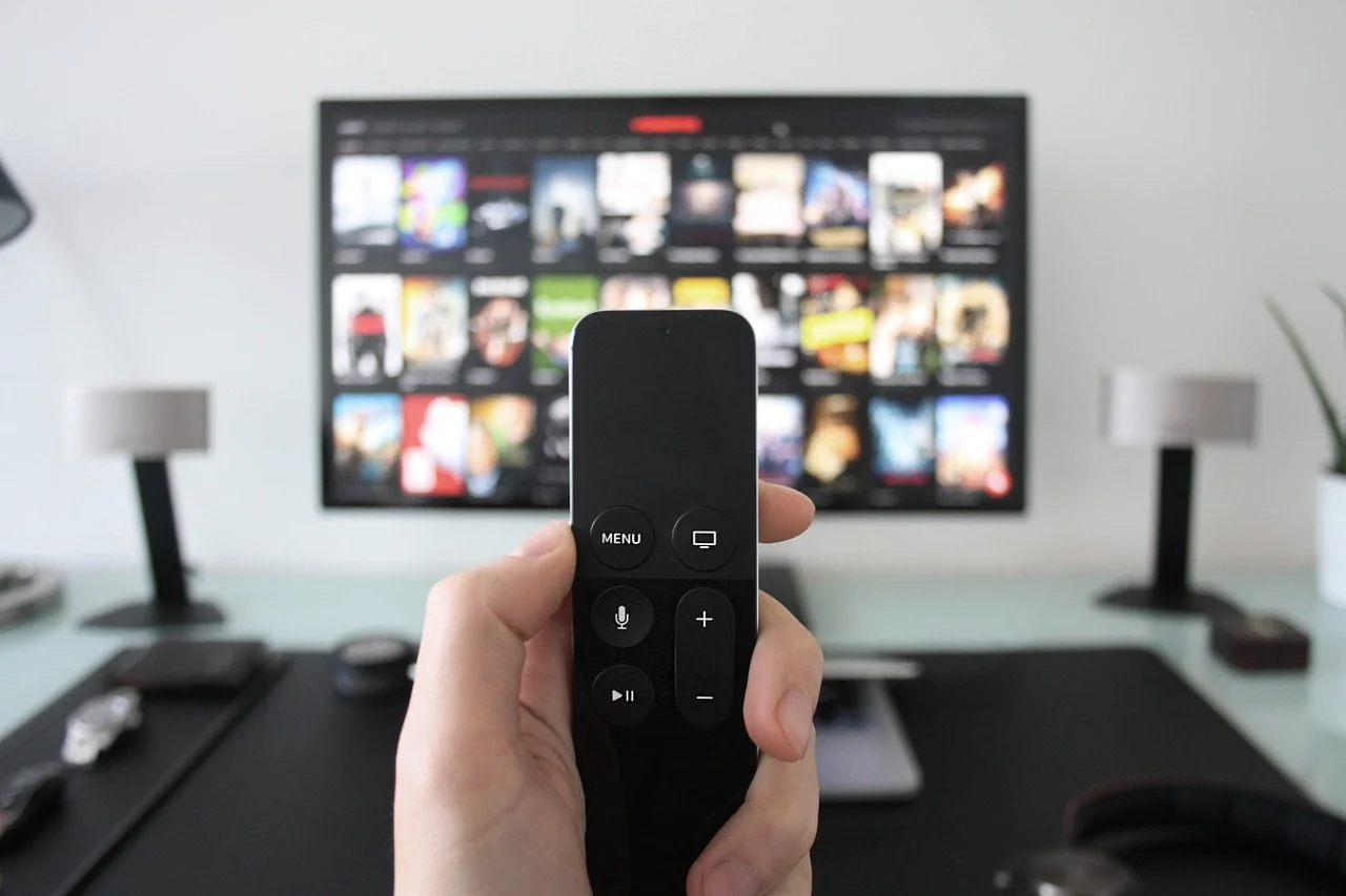 A hand holding a television remote in front of a screen